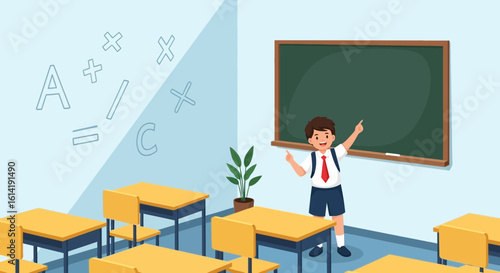 Enthusiastic Pupil Presents Lesson In Classroom With Chalkboard And Desks