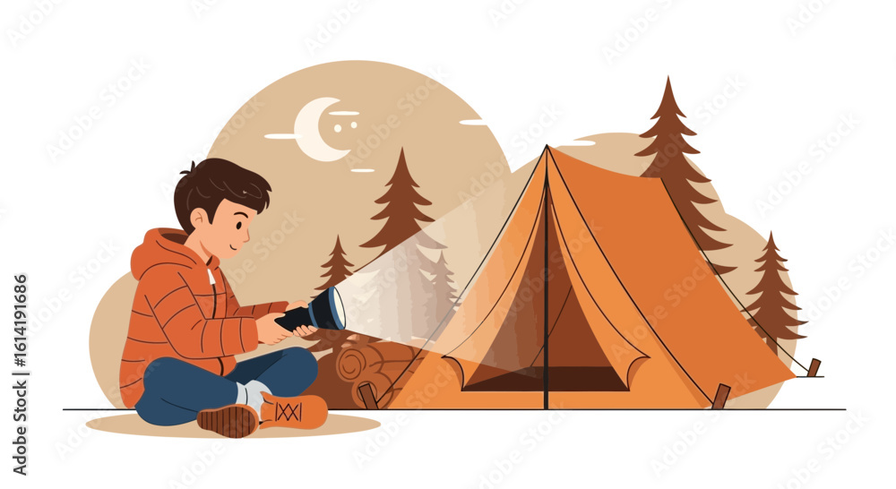 Obraz premium Enthusiastic Young Hiker Exploring Nature With Tent And Flashlight At Night