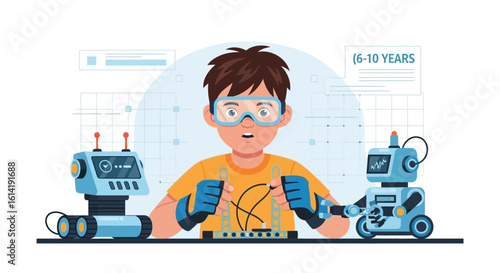 Enthusiastic Young Inventor Building Robots In The Workshop Of The Future
