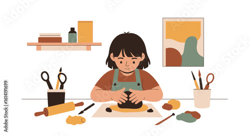 Creative Young Girl Engaged In A Pottery Project At Home Studio Setting