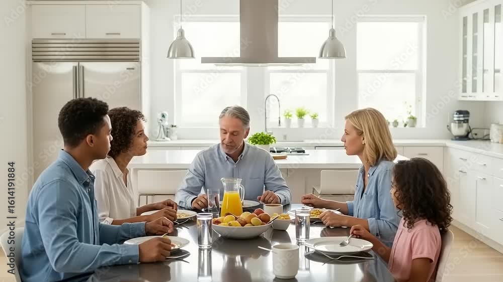 Family enjoying a meal together in a kitchen. Family enjoying a meal together in a kitchen.