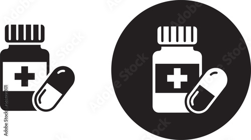Pills in Bottle Icon: A stark, minimalist graphic showcasing a medical vial, emblazoned with a cross, alongside a solitary capsule, capturing essential concepts of health, medicine, and healthcare.