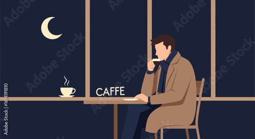 Evening Contemplation Man Enjoying Coffee Under Moonlit Sky Cafe Scene
