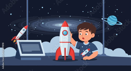 Excited Boy Exploring Space Rocket Exhibition In A Science Museum Or Planetarium