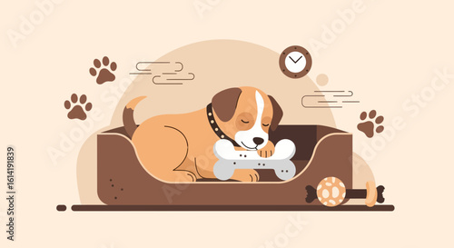 Cute Dog Relaxing In His Bed With Bone And Toy Flat Vector Illustration