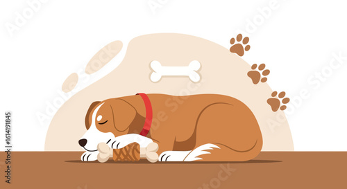 Cute Dog Dreamland: Sleeping Puppy With A Bone And Paw Prints Decoration