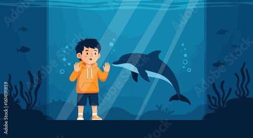 Excited Boy Watching Dolphin In Aquarium Through Glass At Marine Show