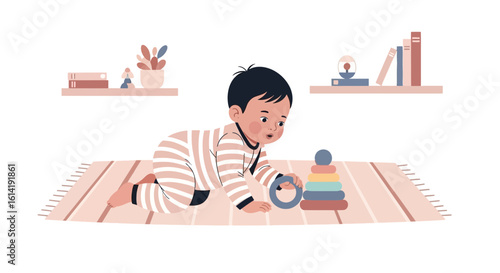 Cute Infant Engaged In Developmental Toy Play On Soft Woven Rug