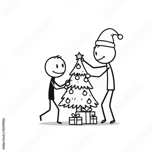 Two stick figures decorating a Christmas tree together, joyful expressions, surrounded by wrapped presents, festive concept of family gatherings or holiday celebrations
