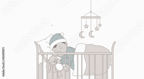 Cute Infant Sleeping Peacefully In A Crib With A Bunny Toy And Mobile