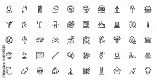 South Korea icon set. Minimal vector illustrations. Includes symbols for Gayageum, Mandu, Won, Taekwondo, Bibimbap, Kpop, Kimchi, Soju, Hanok, Seoul tower and more. Editable stroke design.