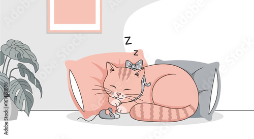 Cute Kitten Napping Peacefully on Pillows Dreamland Comfort Cartoon Illustration