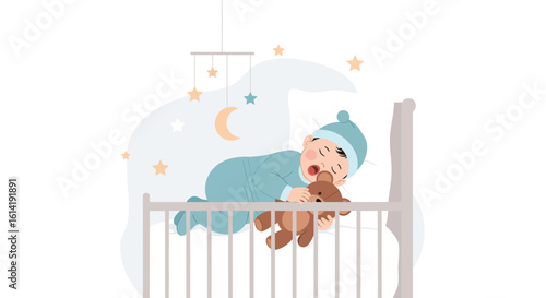 Cute Infant Sleeping Peacefully in Crib with Mobile and Teddy Bear Dream