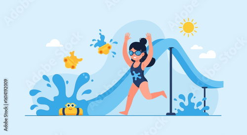 Excited Woman Enjoys Fun Water Park Time In Summer Holiday Vacation