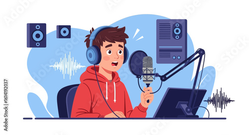 Excited Young Man Making Audio Content In Professional Recording Studio