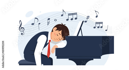 Exhausted Musician Sleeping After A Long Rehearsal On A Piano With Music Notes