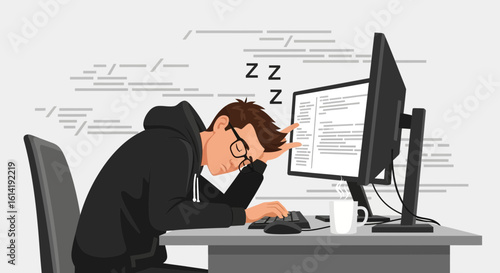 Exhausted Programmer Napping At Desk During Coding Session Project Deadline