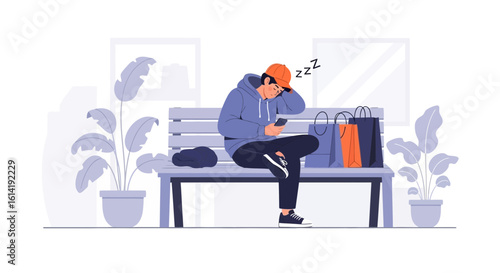 Exhausted Shopper Rests on Bench Checking Phone After Shopping Spree
