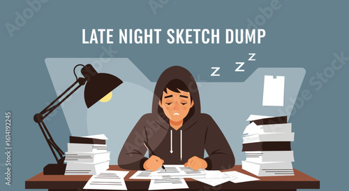 Exhausted Student Drowsy After Hard Night Work and Overwork Deadline