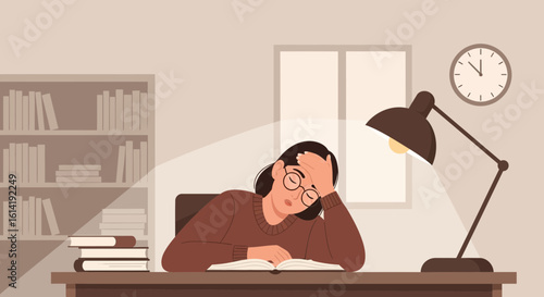 Exhausted Student Falling Asleep At Desk While Studying For Exam