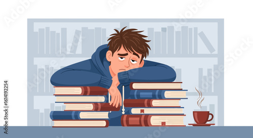 Exhausted Student Leans On Books With Coffee Cup In Library Scene