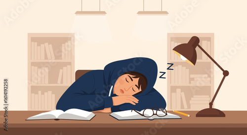 Exhausted Student Napping On A Desk With Books And A Desk Lamp