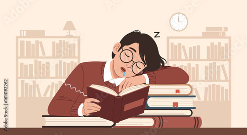 Exhausted Student Napping On Books In Library Surrounded By Knowledge