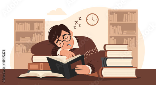 Exhausted Student Sleeping On Books After Studying In The Library