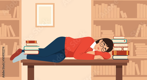 Exhausted Student Sleeping on Books at Library Education Overload Concept