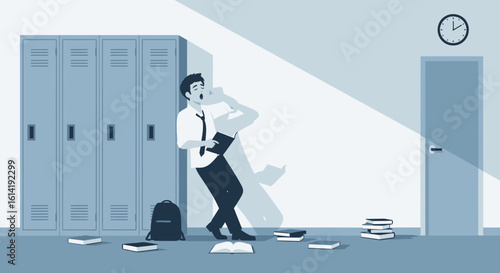 Exhausted Student Yawning Against Lockers After Studying For Exams In School Hallway