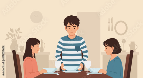 Family Meal Preparation Man Setting Table For Dinner Guests At Home
