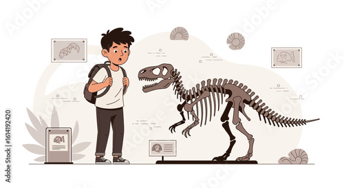 Fascinated Student Encounters Ancient Dinosaur Skeleton In An Educational Museum