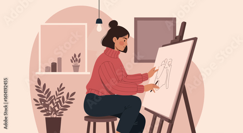 Female Artist Creates Artwork In Cozy Home Studio In A Muted Color Palette