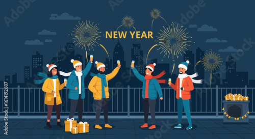 Festive Friends Celebrate New Year's Eve With City Fireworks Display