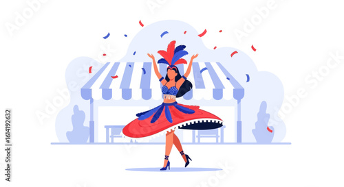 Festive Samba Dancer Celebrates at a Street Fair with Joyful Energy