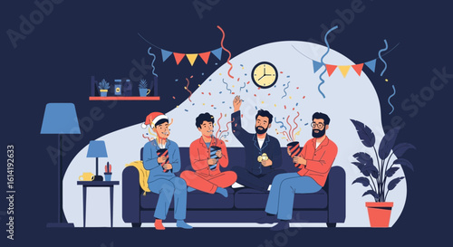 Festive Pajama Party Celebration Among Young Men At Home During Holidays