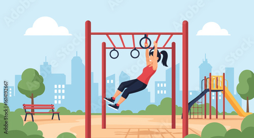 Fitness Woman Doing Gymnastics on Playground in the Park Outdoor Activity