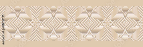 Banner, cover design, fresco. Geometric ethnic, floral, linear pattern, beige background, embossing. Handmade style. Ornaments, arabesques, mandala of the East, Asia, India, Mexico, Aztecs, Peru.