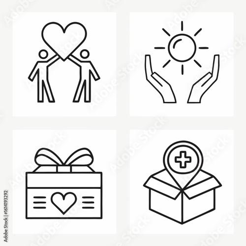 Vector art of icons representing love, care, and charitable giving are displayed