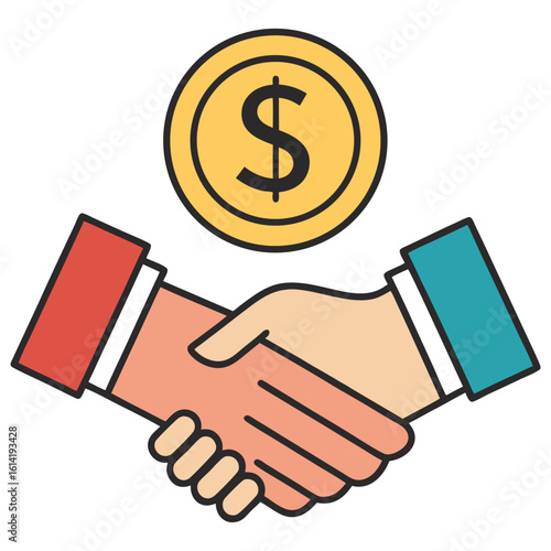 Vector art of a handshake seals a financial deal with money isolated on white background