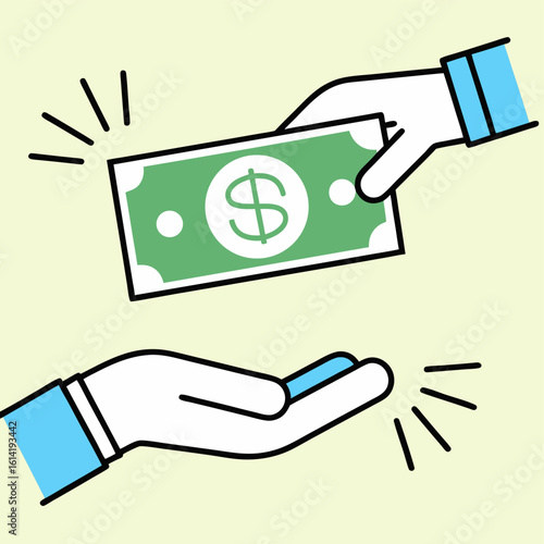 Vector art of hands exchanging a dollar bill, representing money transaction