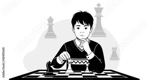Focused Young Man Contemplating Strategy During Intense Chess Game Tournament