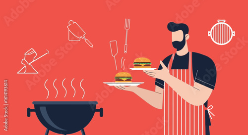 Man Serving Delicious Hamburgers Freshly Grilled From Bbq Ready to Eat