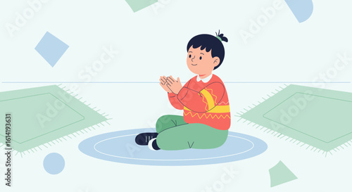 Focused Youngster Meditating Peacefully At Home On The Rug Illustration