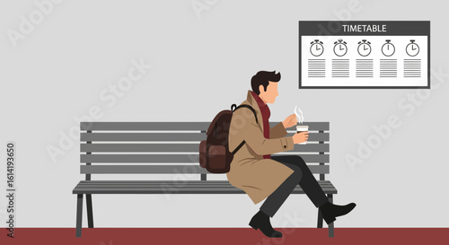 Man Sipping Coffee At The Train Station Waiting For His Transportation