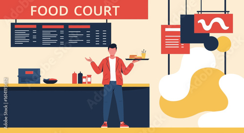 Man Serving Food at the Restaurant in Food Court Illustration Concept