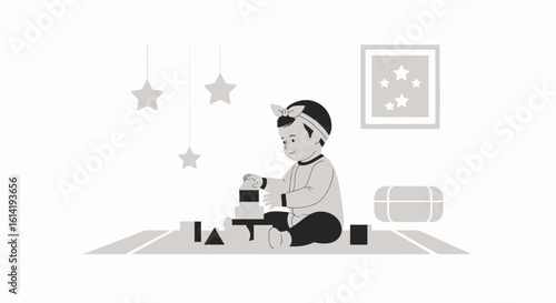 Infant Girl Playing With Building Blocks On Carpet In Nursery Room