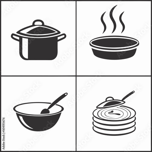 Vector art of cooking utensils and food preparation icons isolated on white background