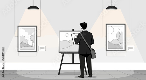 Inspired Creativity Man Painting In An Art Gallery Museum Exhibition Graphic Scene