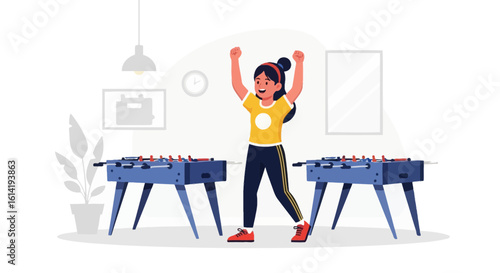 Girl Celebrates Table Football Victory With Joyful Expression In Casual Setting